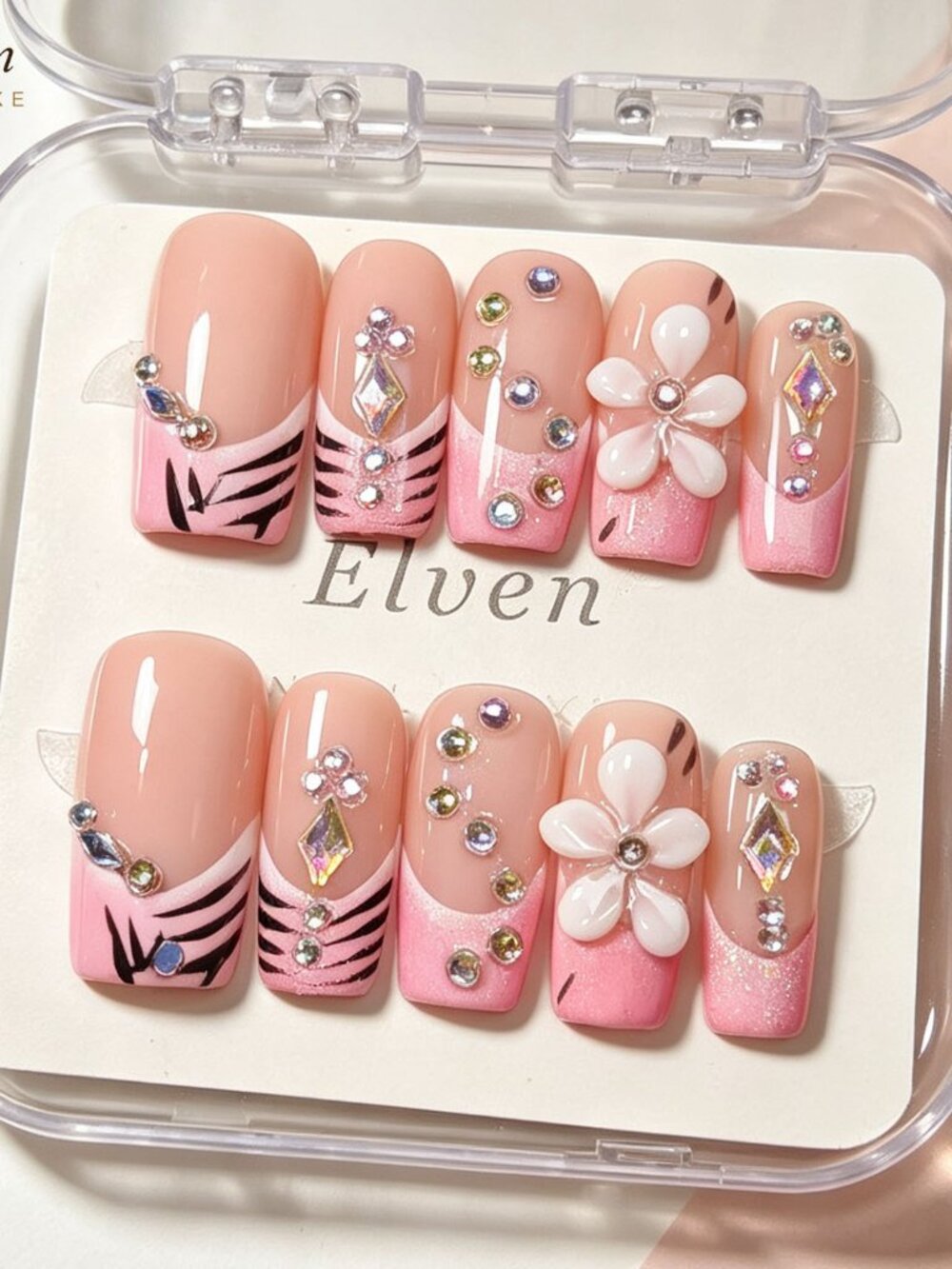 Pink Floral Rhinestone French Tips Handmade Medium Square Press On Nails Set